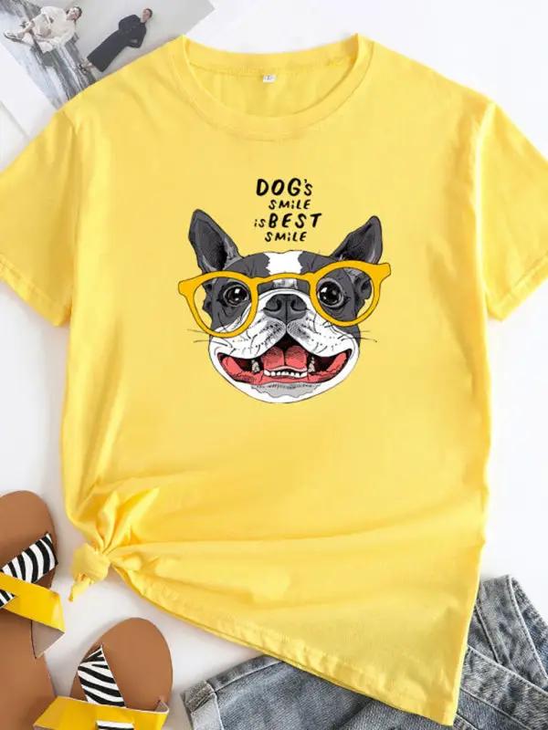 Yellow puppy print round neck short sleeve T-shirt