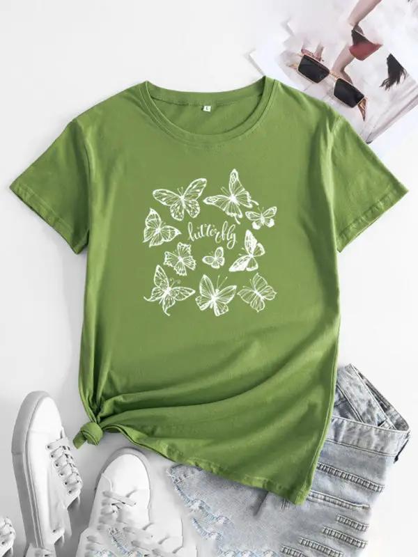 Olive green butterfly print round neck short sleeve T-shirt
