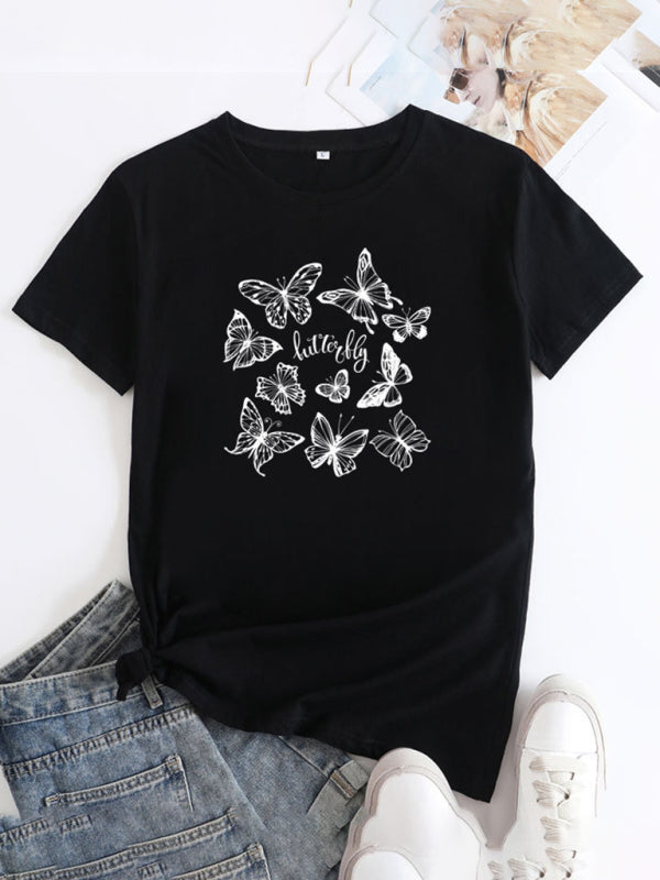 Black butterfly print round neck short sleeve T-shirt