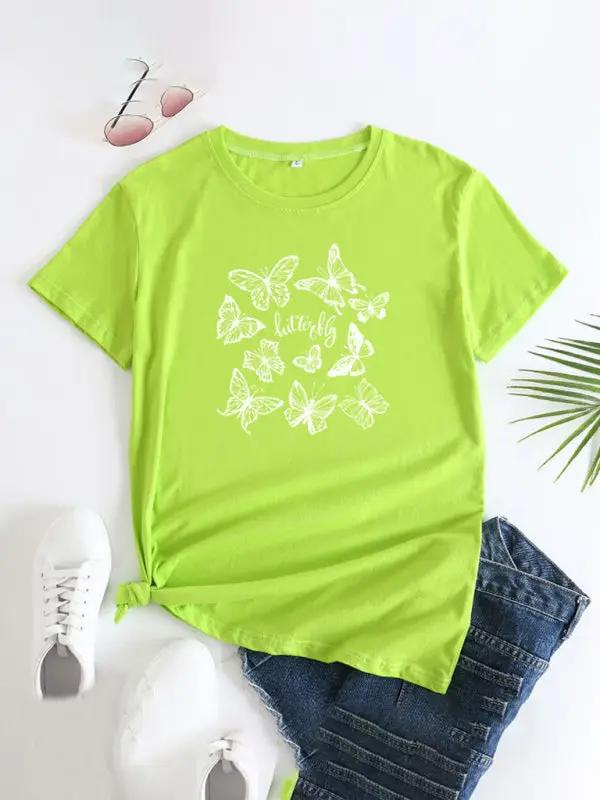 Lime green butterfly print round neck short sleeve T-shirt