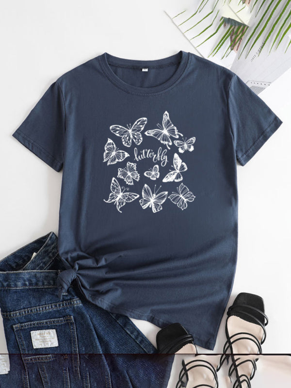 Navy blue butterfly print round neck short sleeve T-shirt