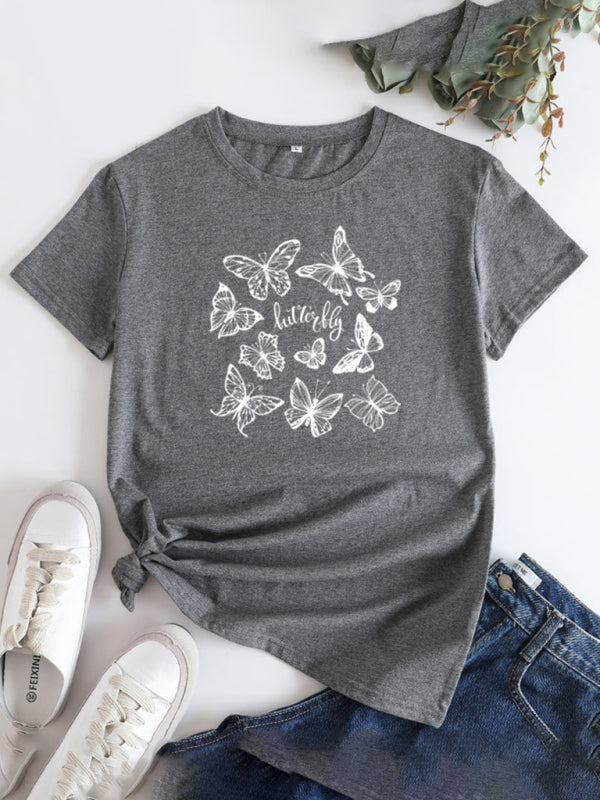 Gray butterfly print round neck short sleeve T-shirt