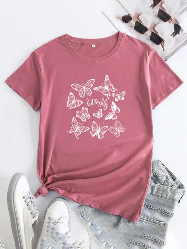 Dusty rose butterfly print round neck short sleeve T-shirt