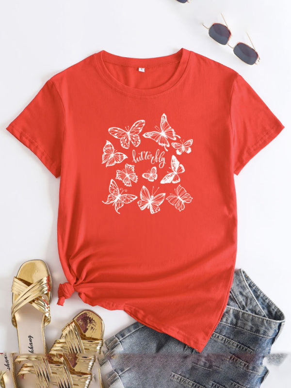 Red butterfly print round neck short sleeve T-shirt