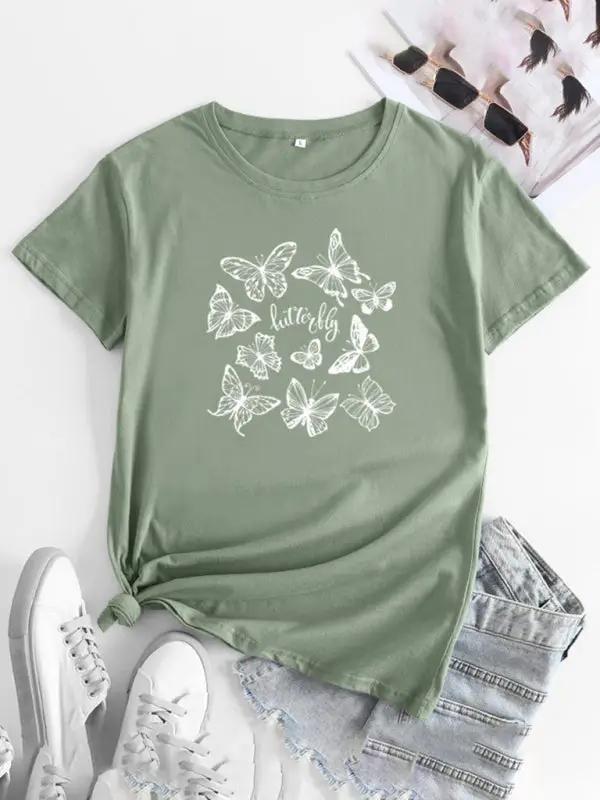 Sage green butterfly print round neck short sleeve T-shirt