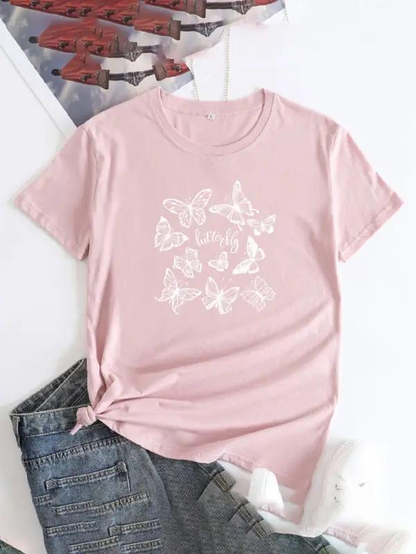 Light pink butterfly print round neck short sleeve T-shirt