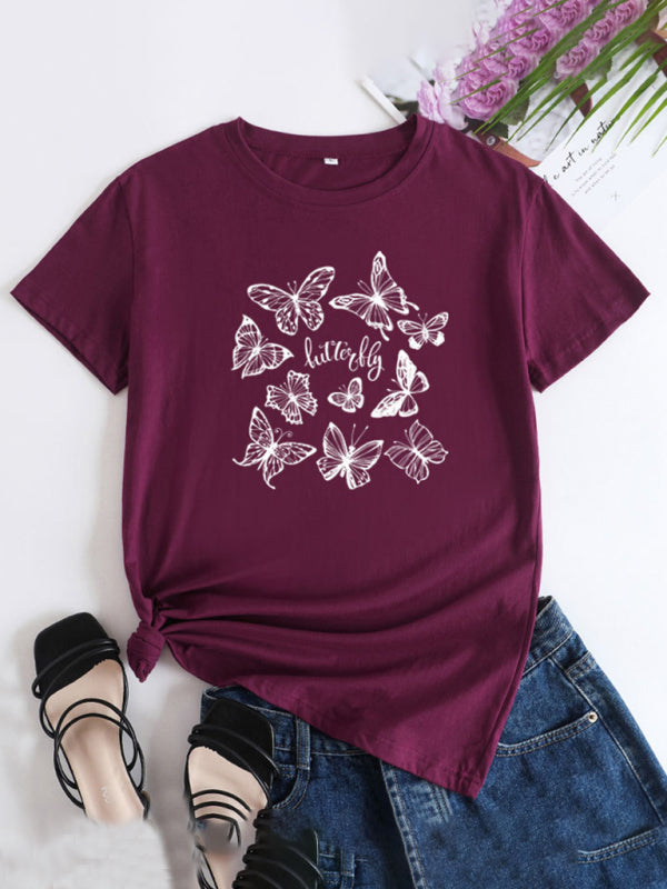 Burgundy butterfly print round neck short sleeve T-shirt