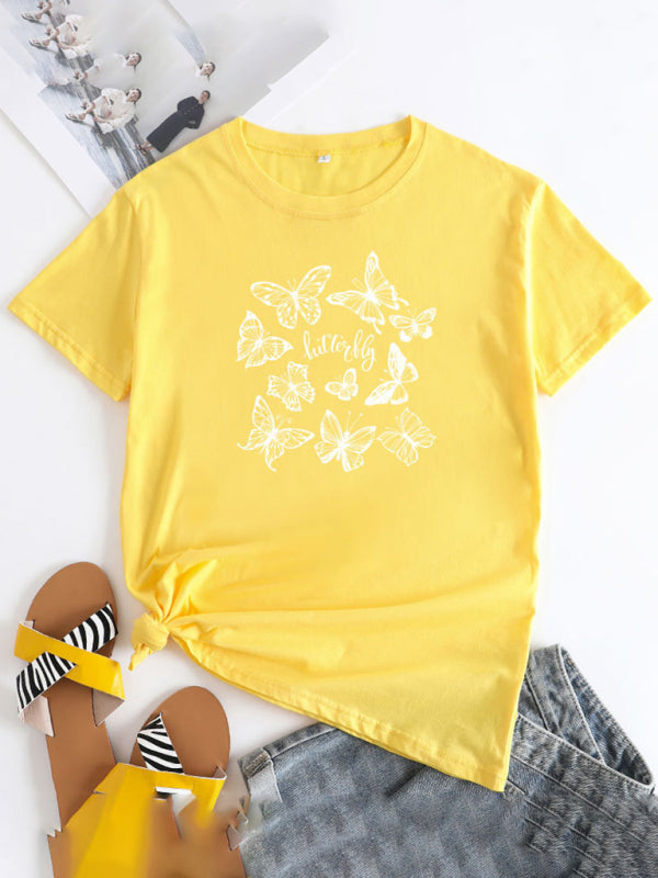 Yellow butterfly print round neck short sleeve T-shirt