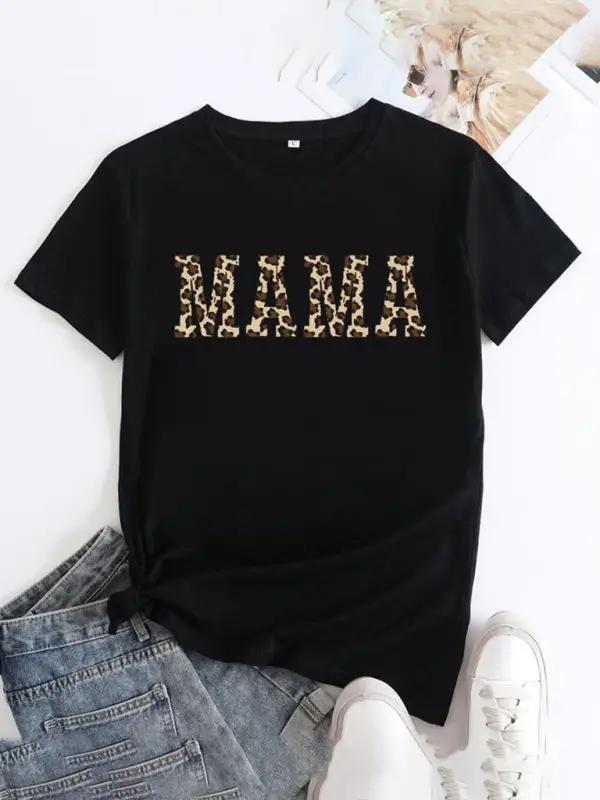 Black MAMA printed round neck short sleeve T-shirt