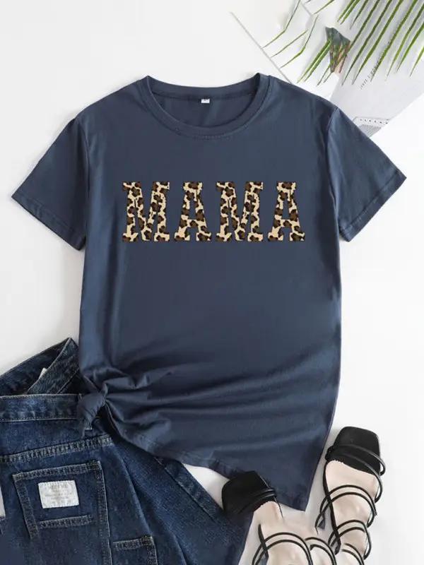 Navy MAMA printed round neck short sleeve T-shirt