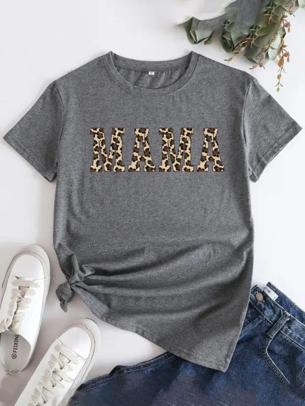 Gray MAMA printed round neck short sleeve T-shirt