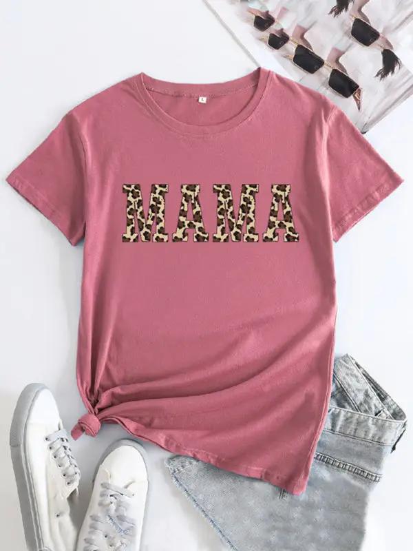 Pink MAMA printed round neck short sleeve T-shirt