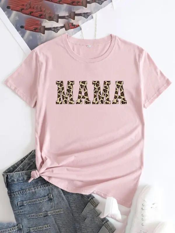 Light pink MAMA printed round neck short sleeve T-shirt