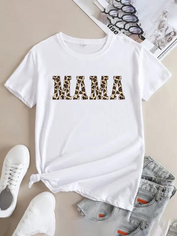 White MAMA printed round neck short sleeve T-shirt