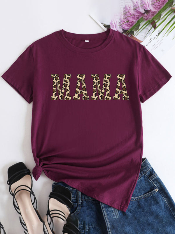 Burgundy MAMA printed round neck short sleeve T-shirt
