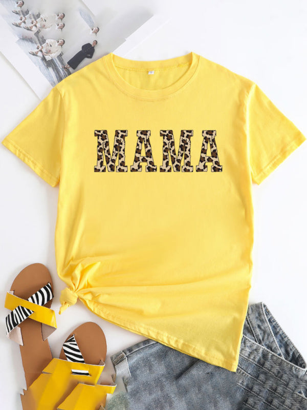 Yellow MAMA printed round neck short sleeve T-shirt