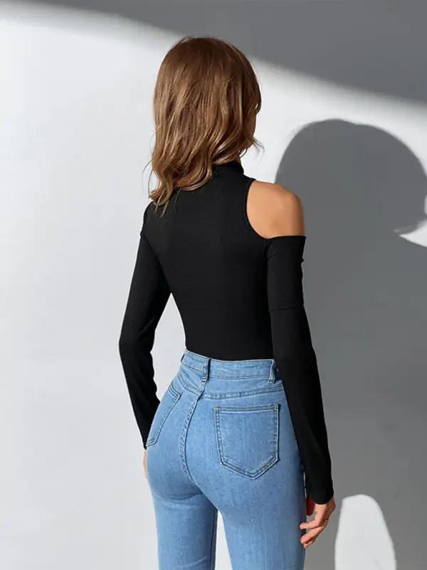 Back view of black one shoulder knit bodysuit