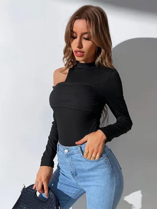 Stylish black knit bodysuit with one shoulder design