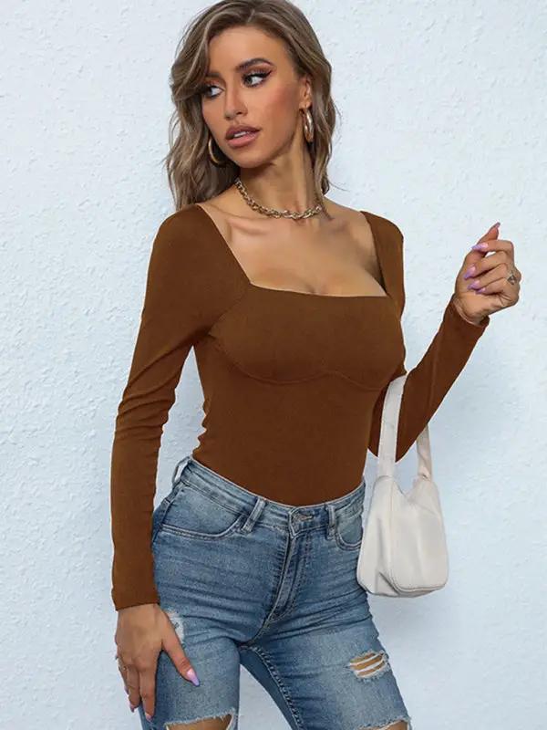 Brown ribbed knitted jumpsuit with long sleeves