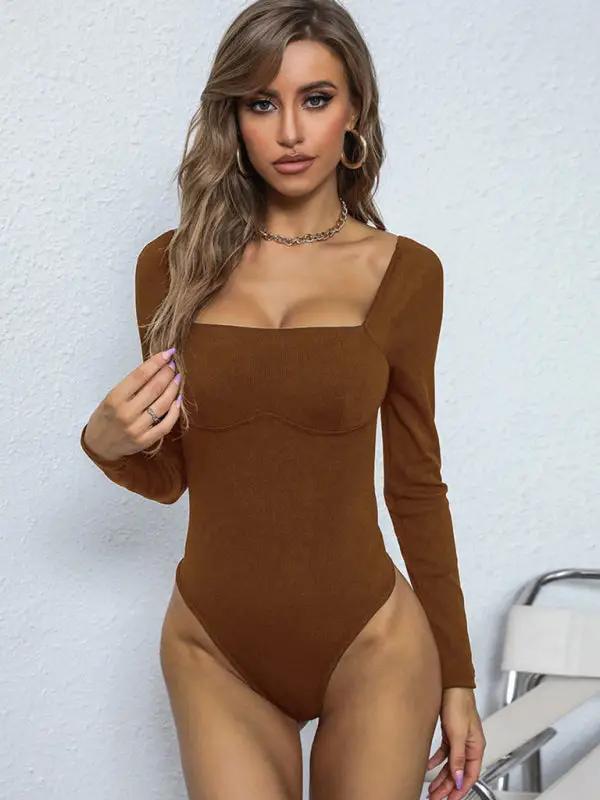 Front view of brown ribbed knitted jumpsuit