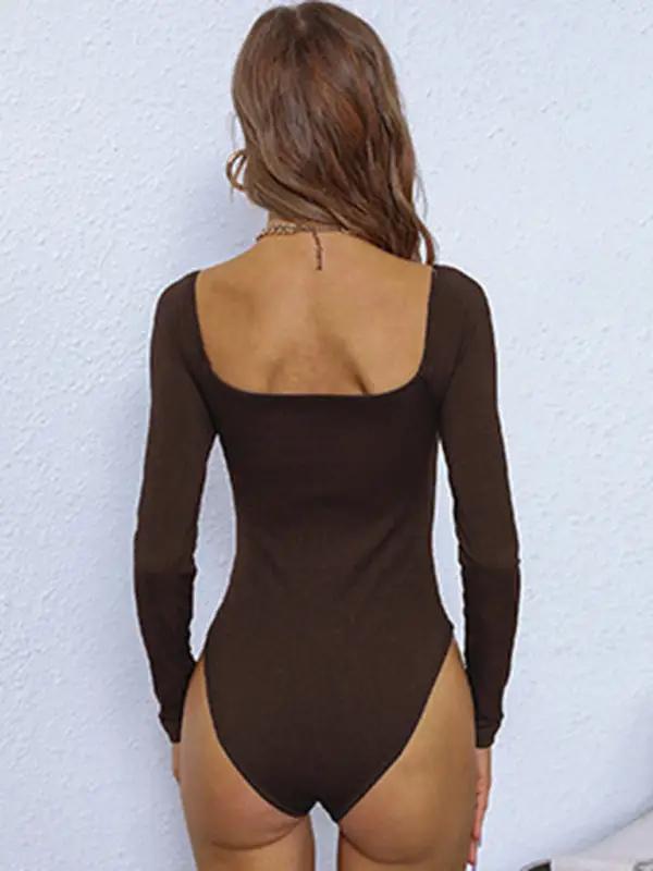 Back view of dark brown ribbed knitted jumpsuit