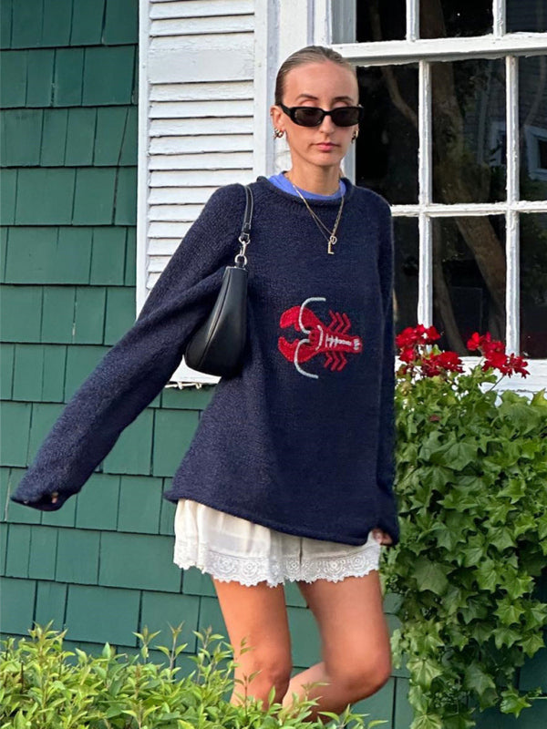 Loose Lobster Embroidered Animal Sweater