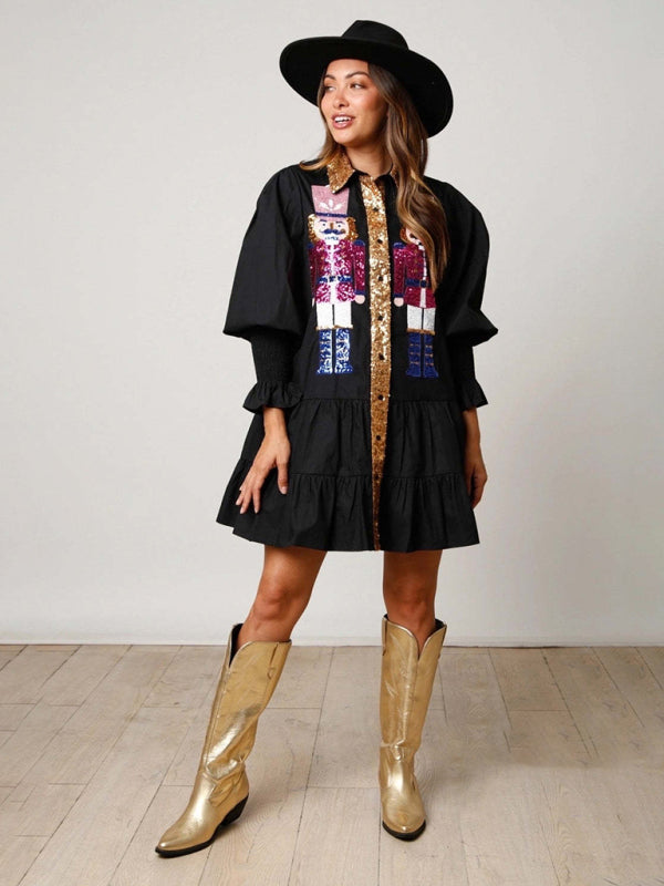 Weihnachts-Paillettenkleid mit kontrastfarbenem, langärmeligem Revers und Pailletten
