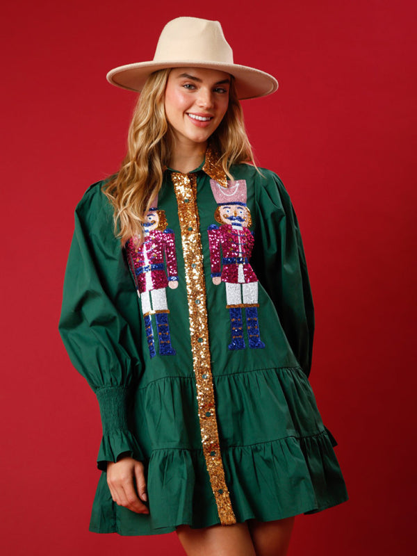 Weihnachts-Paillettenkleid mit kontrastfarbenem, langärmeligem Revers und Pailletten