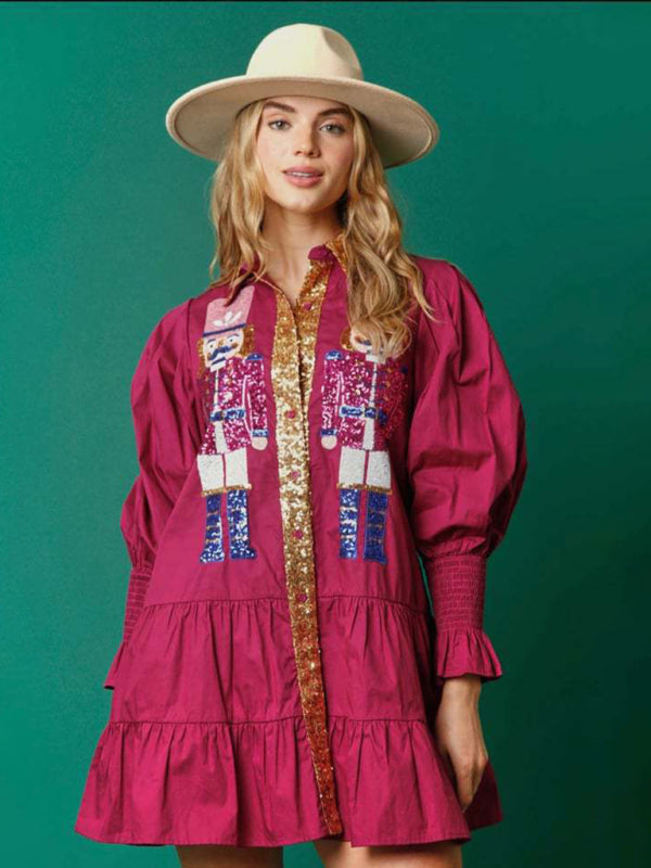 Weihnachts-Paillettenkleid mit kontrastfarbenem, langärmeligem Revers und Pailletten