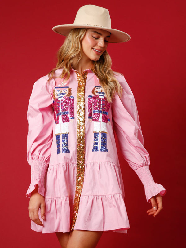 Weihnachts-Paillettenkleid mit kontrastfarbenem, langärmeligem Revers und Pailletten
