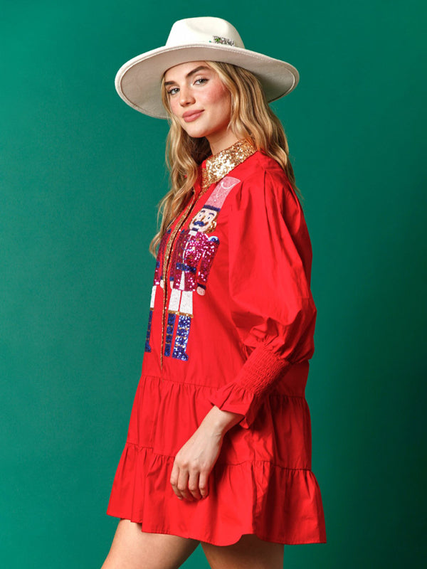Weihnachts-Paillettenkleid mit kontrastfarbenem, langärmeligem Revers und Pailletten
