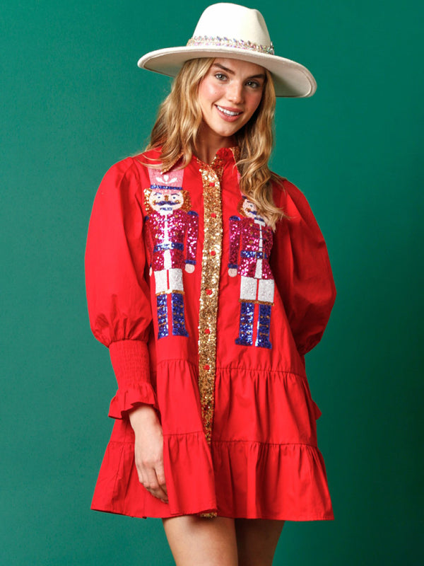 Weihnachts-Paillettenkleid mit kontrastfarbenem, langärmeligem Revers und Pailletten