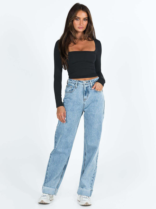Neues, langärmeliges, einfarbiges, nabelfreies T-Shirt mit quadratischem Ausschnitt für Damen