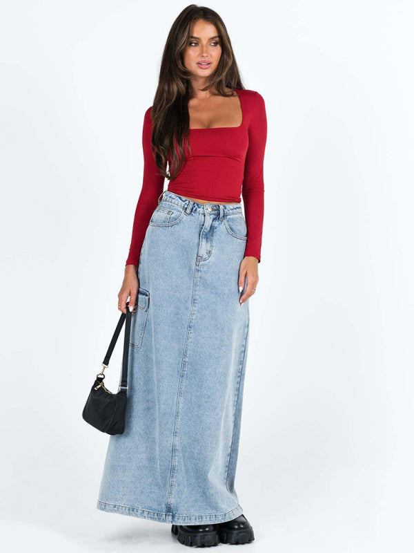 Neues, langärmeliges, einfarbiges, nabelfreies T-Shirt mit quadratischem Ausschnitt für Damen