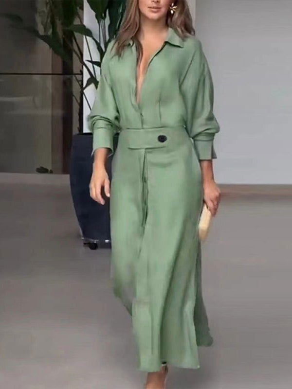 Neues Temperament-Pendler-Schnürkleid mit einfarbiger Taille und langen Ärmeln und unregelmäßigem Hemdkleid