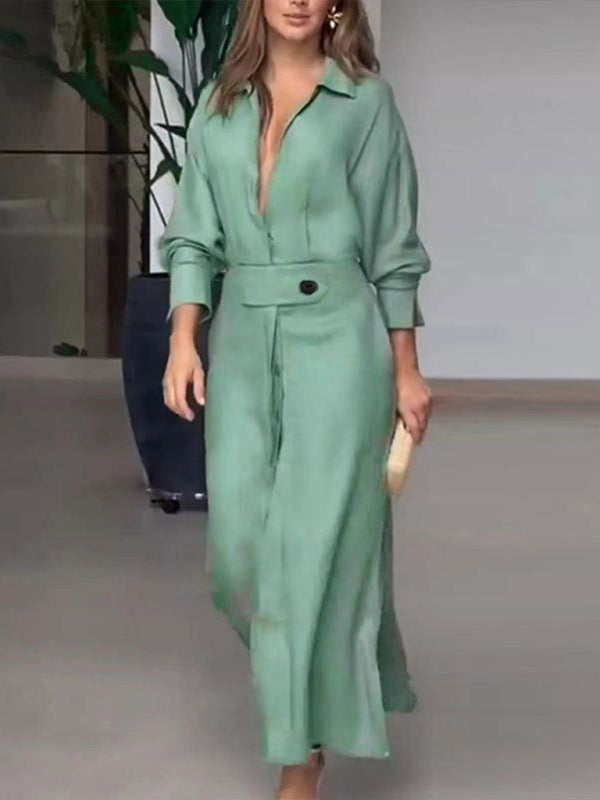 Neues Temperament-Pendler-Schnürkleid mit einfarbiger Taille und langen Ärmeln und unregelmäßigem Hemdkleid