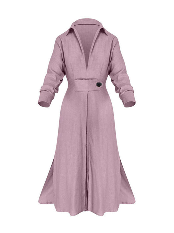 Neues Temperament-Pendler-Schnürkleid mit einfarbiger Taille und langen Ärmeln und unregelmäßigem Hemdkleid