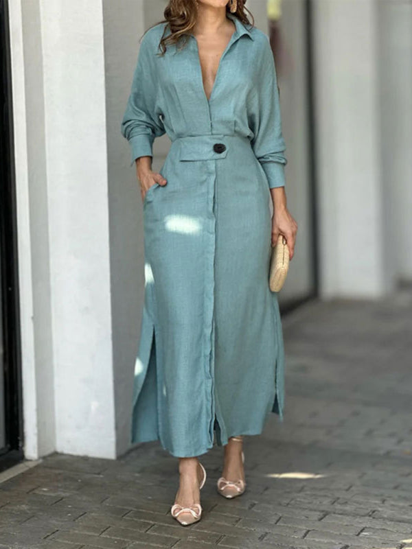Neues Temperament-Pendler-Schnürkleid mit einfarbiger Taille und langen Ärmeln und unregelmäßigem Hemdkleid