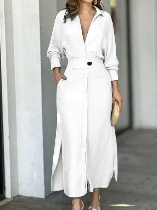 Neues Temperament-Pendler-Schnürkleid mit einfarbiger Taille und langen Ärmeln und unregelmäßigem Hemdkleid