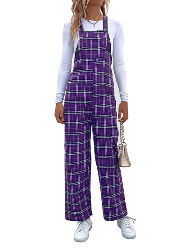 Casual plaid overalls jumpsuit in purple