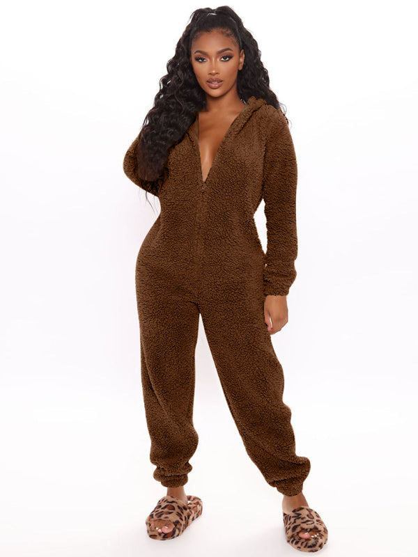 Langärmliger, lässiger Jumpsuit mit Kapuze und Hose aus Plüsch