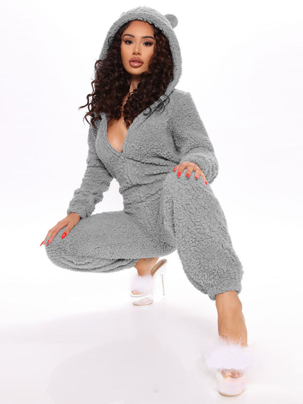 Langärmliger, lässiger Jumpsuit mit Kapuze und Hose aus Plüsch