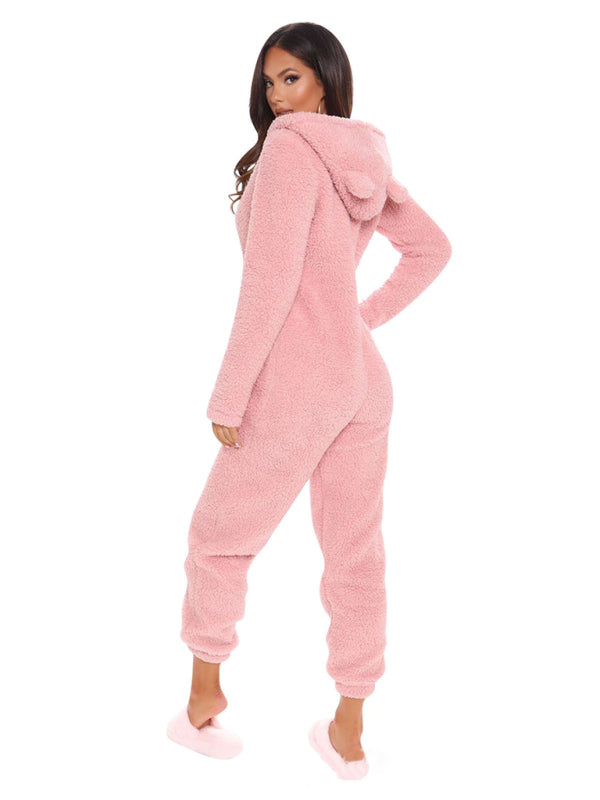 Langärmliger, lässiger Jumpsuit mit Kapuze und Hose aus Plüsch