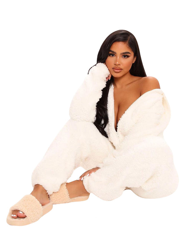 Langärmliger, lässiger Jumpsuit mit Kapuze und Hose aus Plüsch