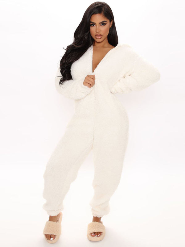 Langärmliger, lässiger Jumpsuit mit Kapuze und Hose aus Plüsch