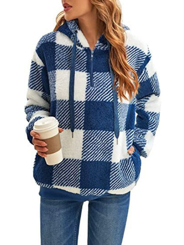 Long sleeve hooded plaid plush women&