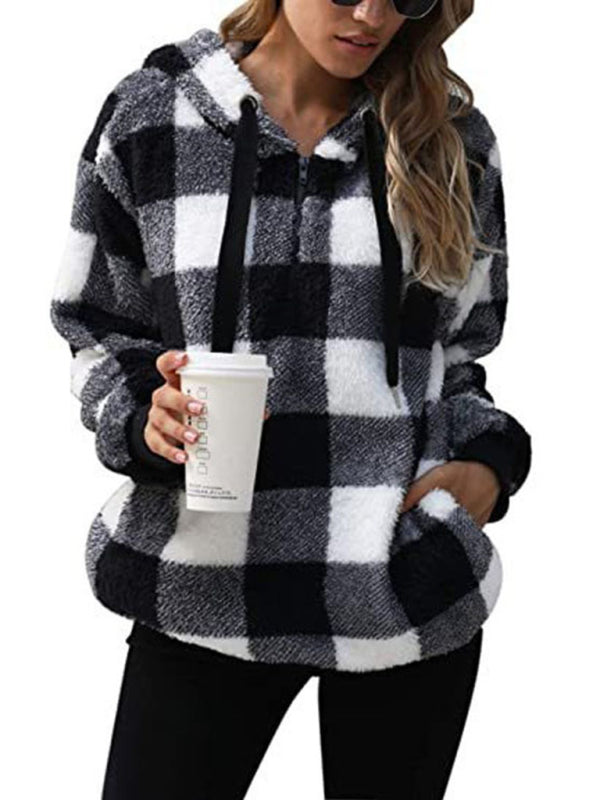Long sleeve hooded plaid plush women&
