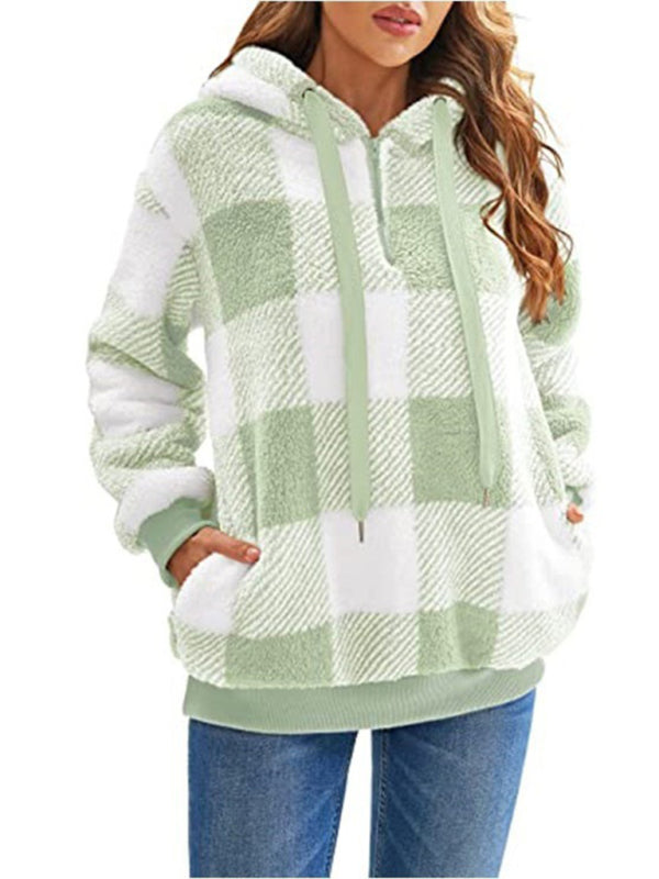 Long sleeve hooded plaid plush women&