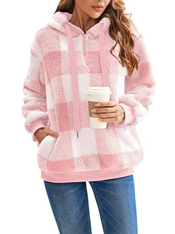 Long sleeve hooded plaid plush women&
