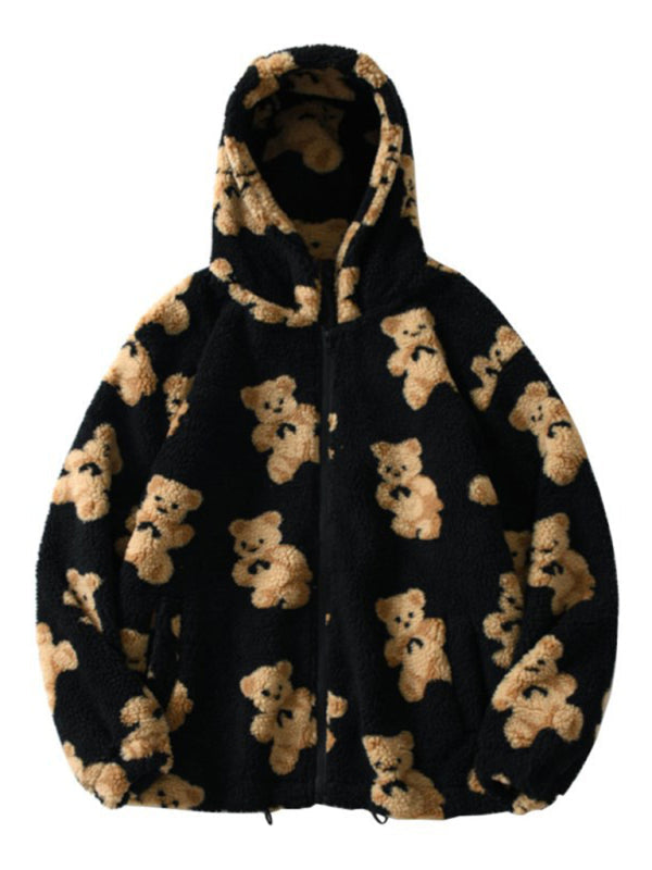 Black bear pattern plush hooded sweater
